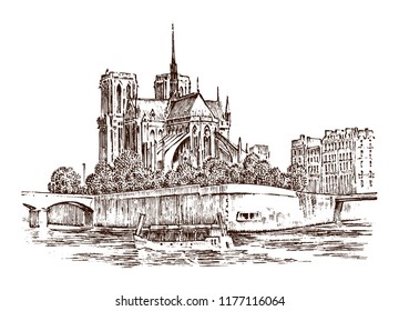 Historical architecture with buildings, perspective view. Vintage Landscape. Notre-Dame de Paris. Engraved hand drawn in old sketch and monochrome . Travel postcard.