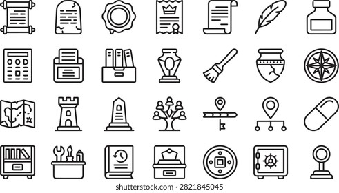 Historical archive icons heritage artifacts ancient symbols.