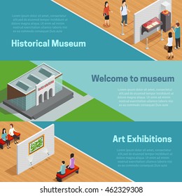 Historical and art exhibitions with scenes in galleries and welcome to museum horizontal isometric banners vector illustration