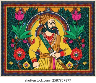 Historical Art: Shivaji Maharaj in Intricate Madhubani Style, Madhubani art, Mithila painting, Indian folk art, Madhubani Shivaji Maharaj