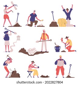 Historical artifacts archaeology excavation archaeologists characters workflow. Archaeology treasure researching vector illustration set. Archaeologists at work finding amphora, chest