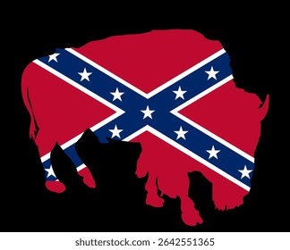 Historical battle flag Confederate States of America cover buffalo silhouette background vector illustration isolated. US Civil War. Bison shape confederate flag emblem banner power animal USA symbol.