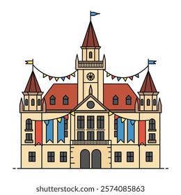Historical building with carnival decorations on a white background