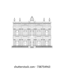 Historical building facade highly detailed outline. Vector isolated on white background.