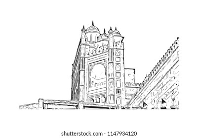 Historical building of Fatehpur Sikri, Town in Uttar Pradesh. Hand drawn sketch illustration in vector.