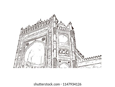 Historical building of Fatehpur Sikri, Town in Uttar Pradesh. Hand drawn sketch illustration in vector.