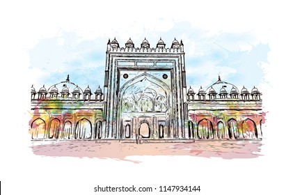 Historical building of Fatehpur Sikri, Town in Uttar Pradesh. Watercolor splash with Hand drawn sketch illustration in vector.