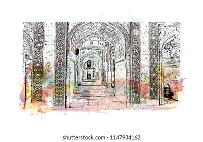 Historical building of Fatehpur Sikri, Town in Uttar Pradesh. Watercolor splash with Hand drawn sketch illustration in vector.