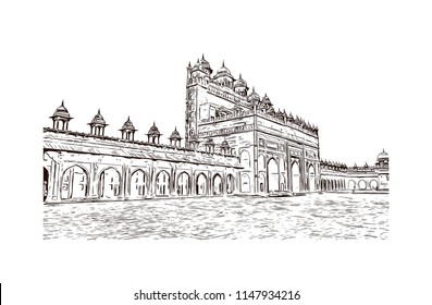 Historical building of Fatehpur Sikri, Town in Uttar Pradesh. Hand drawn sketch illustration in vector.