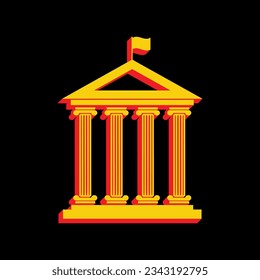 Historical building with flag. 3D Extruded Yellow Icon with Red Sides a Black background. Illustration.