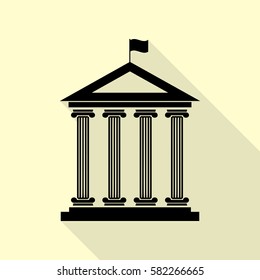 Historical building with flag. Black icon with flat style shadow path on cream background.