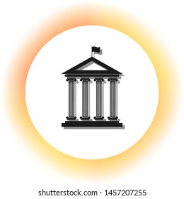 Historical building with flag. Dark icon with shadow on the glowing circle button. Illustration.