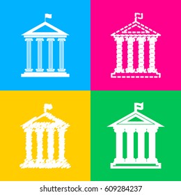 Historical building with flag. Four styles of icon on four color squares.