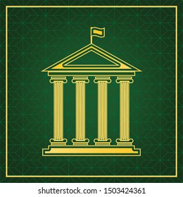 Historical building with flag. Golden icon with gold contour at dark green gridded background. Illustration.