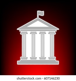 Historical building with flag. Postage stam or old photo style on red-black gradient background.