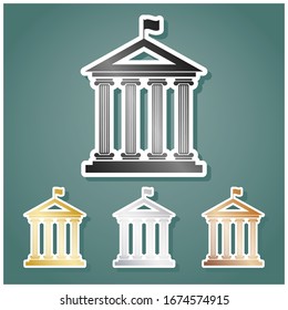Historical building with flag. Set of metallic Icons with gray, gold, silver and bronze gradient with white contour and shadow at viridan background. Illustration.