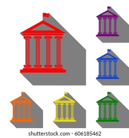 Historical building with flag. Set of red, orange, yellow, green, blue and violet icons at white background with flat shadow.