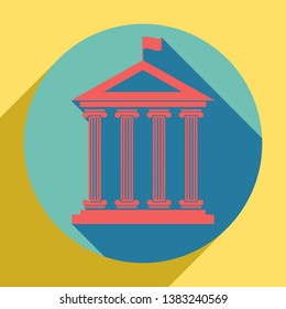 Historical building with flag. Sunset orange icon with llapis lazuli shadow inside medium aquamarine circle with different goldenrod shadow at royal yellow background.