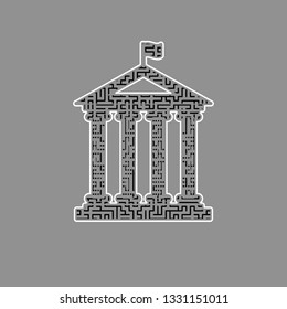 Historical building with flag. Vector. Black maze filled icon with white border at gray background.