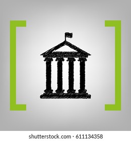 Historical building with flag. Vector. Black scribble icon in citron brackets on grayish background.