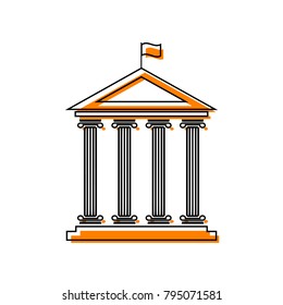 Historical building with flag. Vector. Black line icon with shifted flat orange filled icon on white background. Isolated.