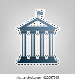 Historical building with flag. Vector. Blue icon with outline for cutting out at gray background.