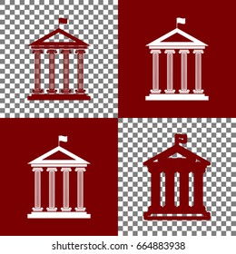 Historical building with flag. Vector. Bordo and white icons and line icons on chess board with transparent background.