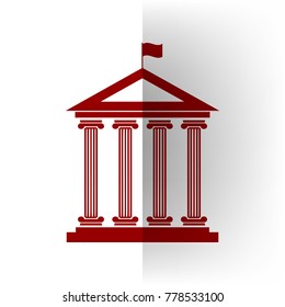 Historical building with flag. Vector. Bordo icon on white bending paper background.