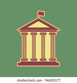 Historical building with flag. Vector. Cordovan icon and mellow apricot halo with light khaki filled space at russian green background.