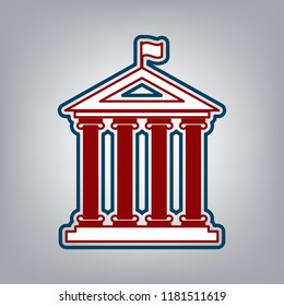 Historical building with flag. Vector. Dark red, transparent and midnight green stroke of white icon at grayish background.