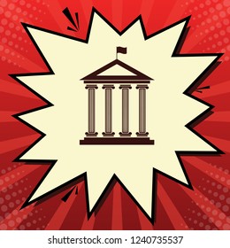 Historical building with flag. Vector. Dark red icon in lemon chiffon shutter bubble at red popart background with rays.