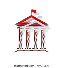Historical building with flag. Vector. Detachable paper icon with red body stock. Isolated.
