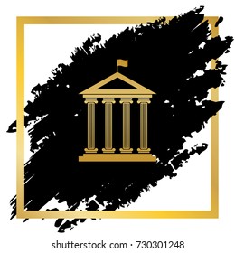 Historical building with flag. Vector. Golden icon at black spot inside golden frame on white background.