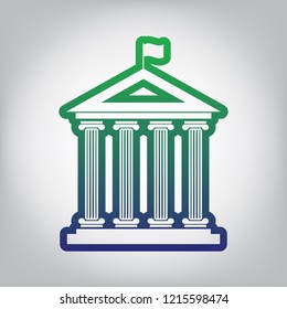 Historical building with flag. Vector. Green to blue gradient contour icon at grayish background with light in center.