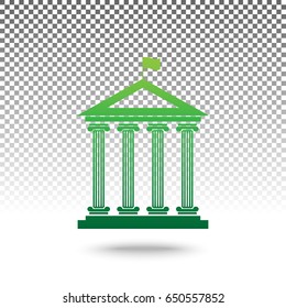 Historical building with flag. Vector. Green gradient icon with shadow at bottom on transparent and white background.
