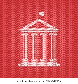 Historical building with flag. Vector. Knitted white icon on a red knitted background.
