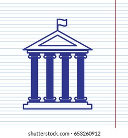 Historical building with flag. Vector. Navy line icon on notebook paper as background with red line for field.