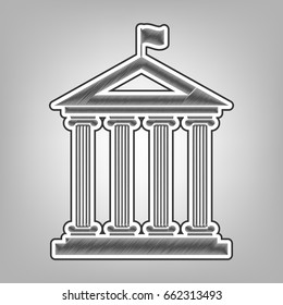 Historical building with flag. Vector. Pencil sketch imitation. Dark gray scribble icon with dark gray outer contour at gray background.