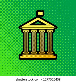 Historical building with flag. Vector. Pop art orange to yellow dots-gradient icon with black contour at greenish background.