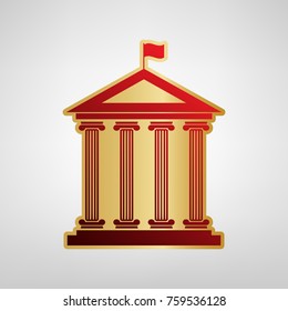 Historical building with flag. Vector. Red icon on gold sticker at light gray background.