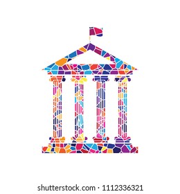 Historical building with flag. Vector. Stained glass icon on white background. Colorful polygons. Isolated.