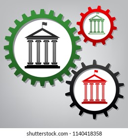 Historical building with flag. Vector. Three connected gears with icons at grayish background.