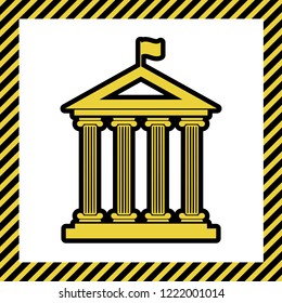 Historical building with flag. Vector. Warm yellow icon with black contour in frame named as under construction at white background. Isolated.