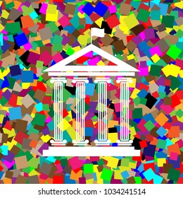 Historical building with flag. Vector. White icon on colorful background with seamless pattern from squares.