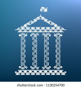 Historical building with flag. Vector. White textured icon at lapis lazuli gradient background.