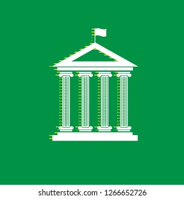 Historical building with flag. Vector. White flat icon with yellow striped shadow at green background.