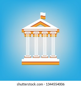 Historical building with flag. Vector. White icon with 3d warm-colored gradient body at sky blue background.