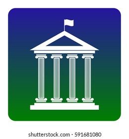 Historical building with flag. Vector. White icon at green-blue gradient square with rounded corners on white background. Isolated.