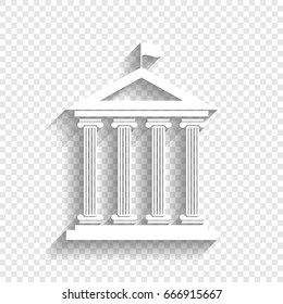 Historical building with flag. Vector. White icon with soft shadow on transparent background.