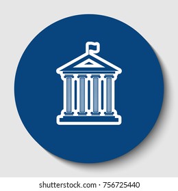 Historical building with flag. Vector. White contour icon in dark cerulean circle at white background. Isolated.